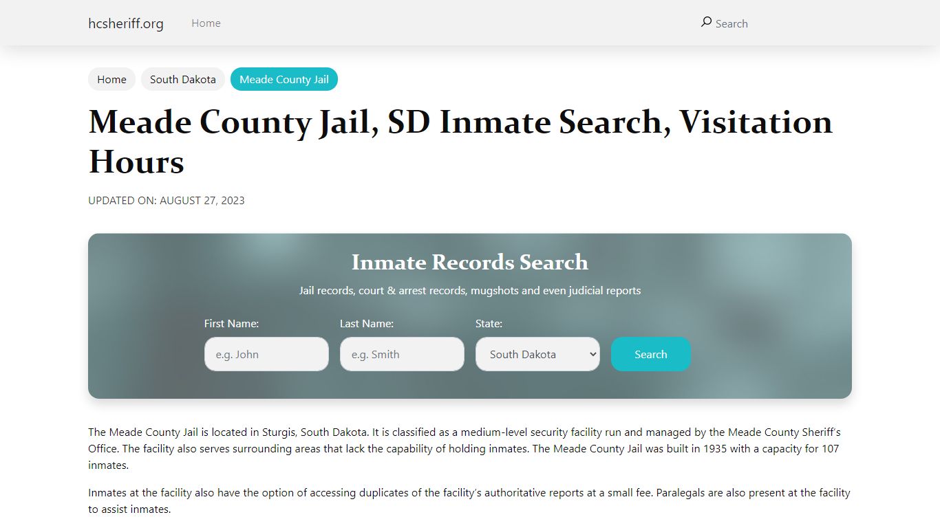 Meade County Jail, SD Inmate Search, Visitation Hours